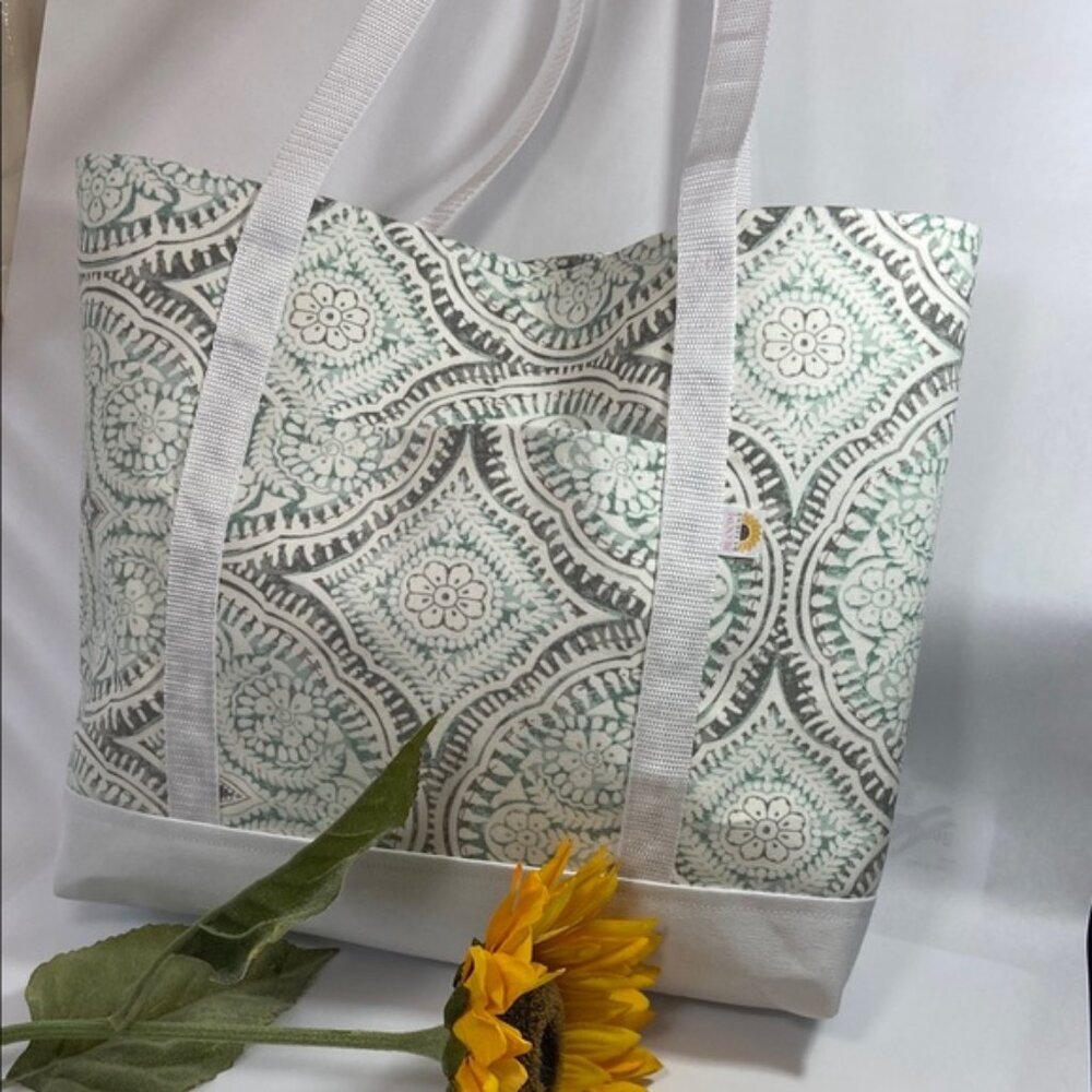 White and Turquoise Mandela Pattern Fabric Tote Bag Stylish Patterned Tote Bag - Picture 4 of 7
